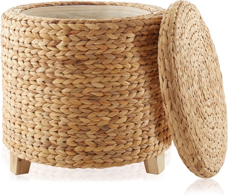 Casafield 17" Round Storage Ottoman with Lid - Natural, Handwoven Water Hyacinth Footstool for Living Room, Bedroom, Bathroom, Home Office - Image 1